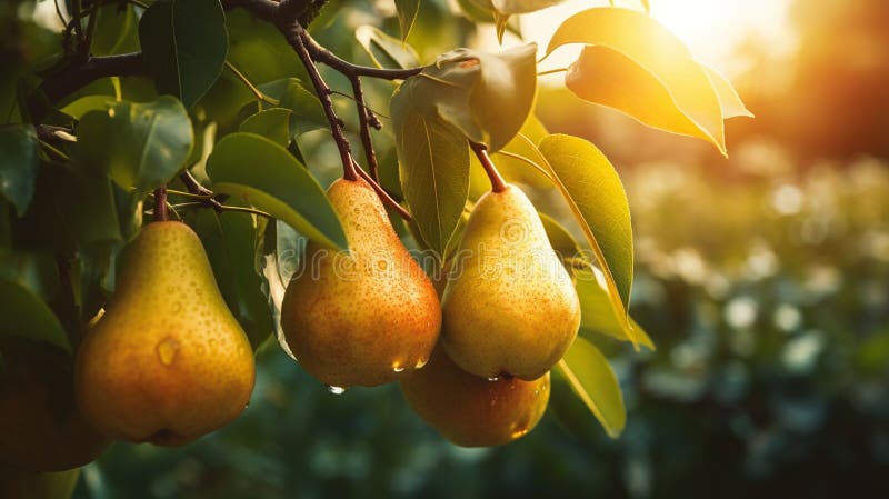 Branch of ripe organic cultivar of pears close-up in the summer garden. Generative AI royalty free stock photos