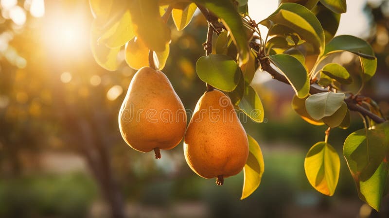 Branch of ripe organic cultivar of pears close-up in the summer garden. Generative AI stock photo