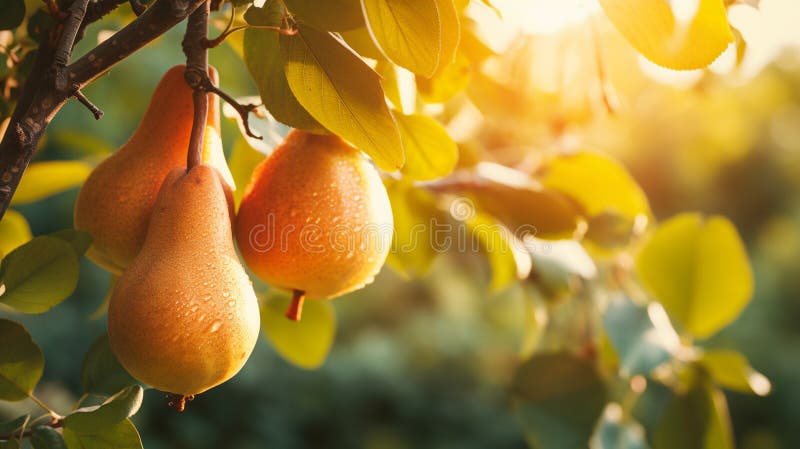 Branch of ripe organic cultivar of pears close-up in the summer garden. Generative AI royalty free illustration