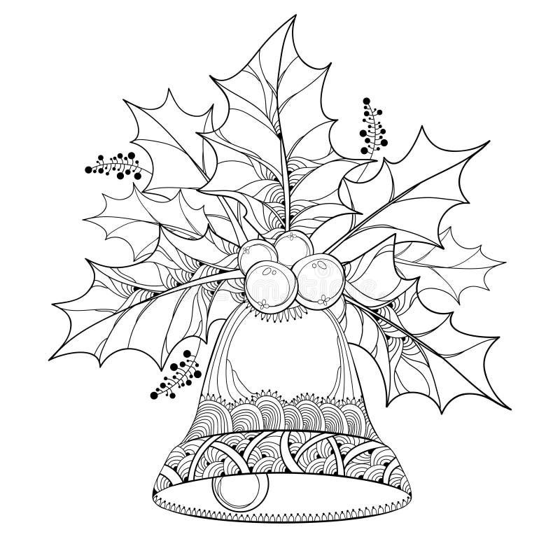 Vector branch with outline leaves and berries of Ilex or Holly berry and ornate bell on white background. Traditional Christmas symbol in contour style for winter design and coloring book. Vector branch with outline leaves and berries of Ilex or Holly berry and ornate bell on white background. Traditional Christmas symbol in contour style for winter design and coloring book.