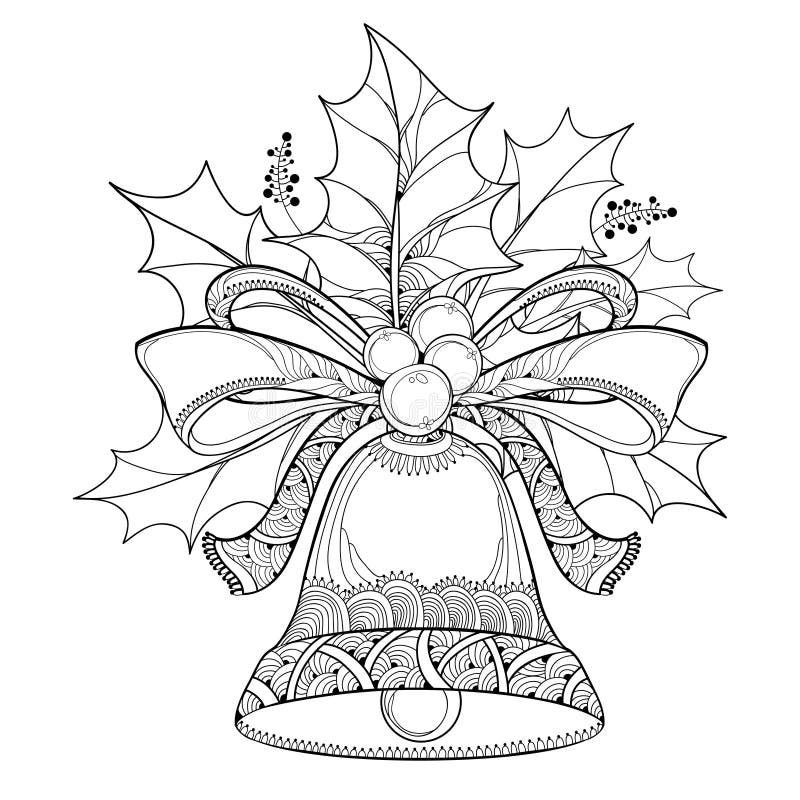 Vector branch with outline leaves and berries of Holly berry and ornate bell with bow on white background. Traditional Christmas symbol in contour style for winter design and coloring book. Vector branch with outline leaves and berries of Holly berry and ornate bell with bow on white background. Traditional Christmas symbol in contour style for winter design and coloring book.