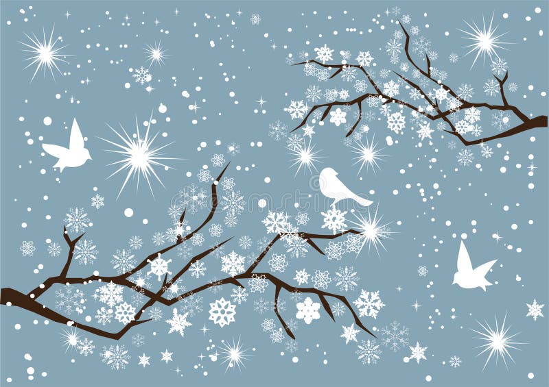 Illustration of snow branches with birds. Illustration of snow branches with birds