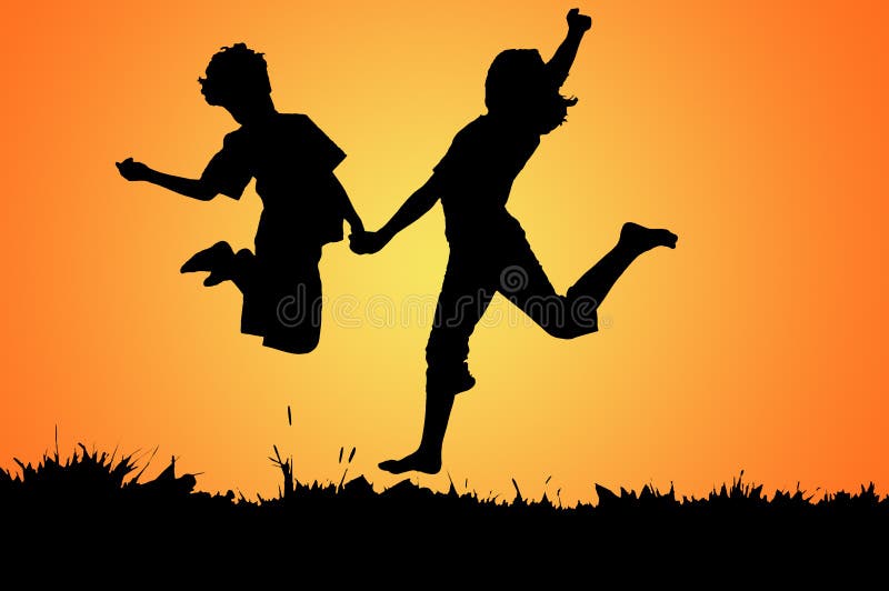 Shape of boy and girl jumping against orange background. Shape of boy and girl jumping against orange background