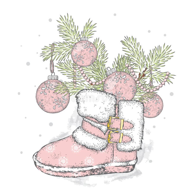 Branches of a Christmas tree in New Year`s boots. New Year`s and Christmas. Winter.