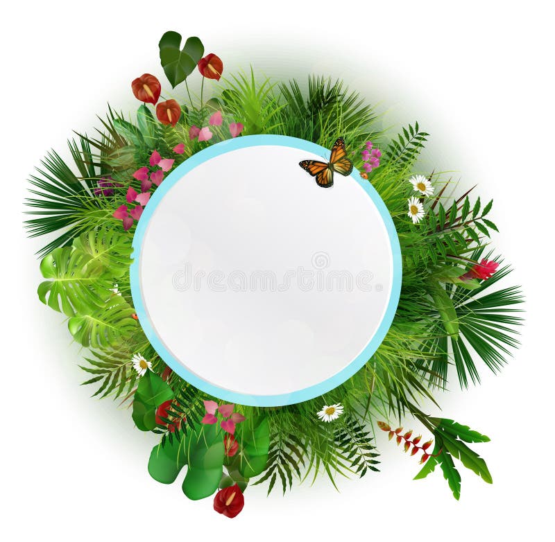 Branches and leaves of tropical plants. Round floral frame with butterflies royalty free illustration Branches and leaves of tropical plants. Round floral frame with butterflies royalty free illustration