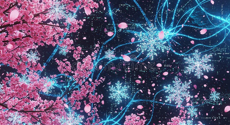 Branches of vibrant pink cherry blossoms extend into a digital matrix background stock illustration