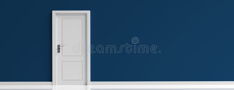Branco fechado da porta no fundo escuro da parede dos azuis marinhos, bandeira ilustração 3D ilustração royalty free Branco fechado da porta no fundo escuro da parede dos azuis marinhos, bandeira ilustração 3D ilustração royalty free