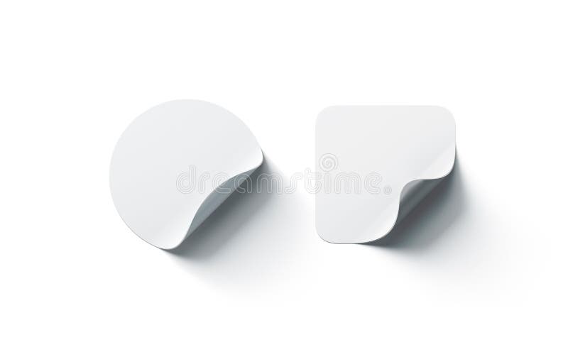 Blank white round and square adhesive stickers mock up with curved corner, 3d rendering. Empty circle and quadratic sticky label mockup with curl. Clear adherent tag template for glass door or wall. Blank white round and square adhesive stickers mock up with curved corner, 3d rendering. Empty circle and quadratic sticky label mockup with curl. Clear adherent tag template for glass door or wall.