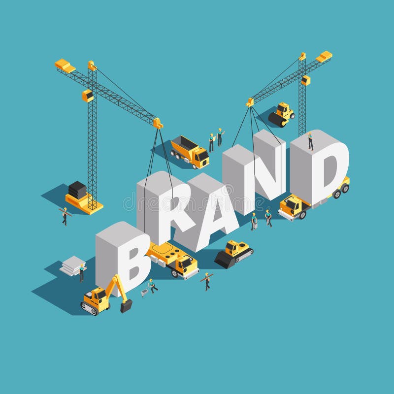 Brand building construction 3d isometric vector concept with construction machinery and workers royalty free illustration Brand building construction 3d isometric vector concept with construction machinery and workers royalty free illustration