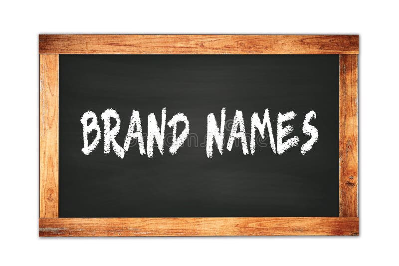 BRAND NAMES text written on wooden frame school blackboard royalty free stock photos.