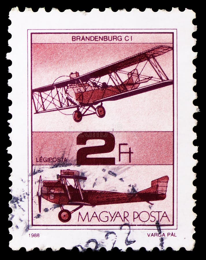 MOSCOW, RUSSIA - MARCH 23, 2019: Postage stamp printed in Hungary shows Brandenburg C I 1915, Airplanes serie, circa 1988. MOSCOW, RUSSIA - MARCH 23, 2019: Postage stamp printed in Hungary shows Brandenburg C I 1915, Airplanes serie, circa 1988