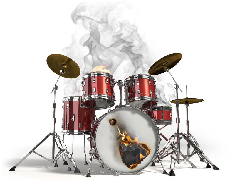 Burning drum kit on white background. Burning drum kit on white background