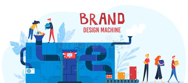 Branding Process Vector Illustration, Cartoon Flat Designer People  Engineering, Using Conceptual Brand Machine with Stock Vector -  Illustration of belt, machine: 195301131