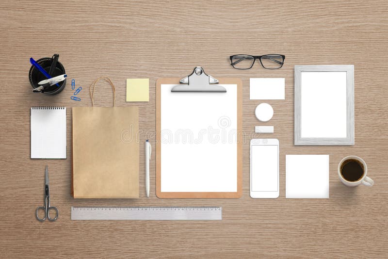 Branding visual identity mockup. Top view of stationery for logo