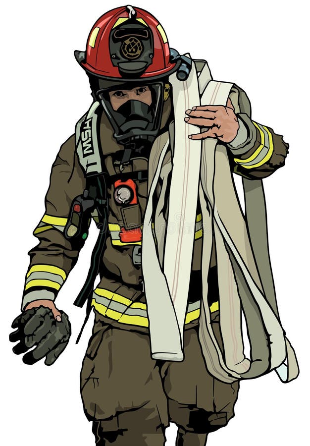 Brandman With Fire Hose vektor illustrationer