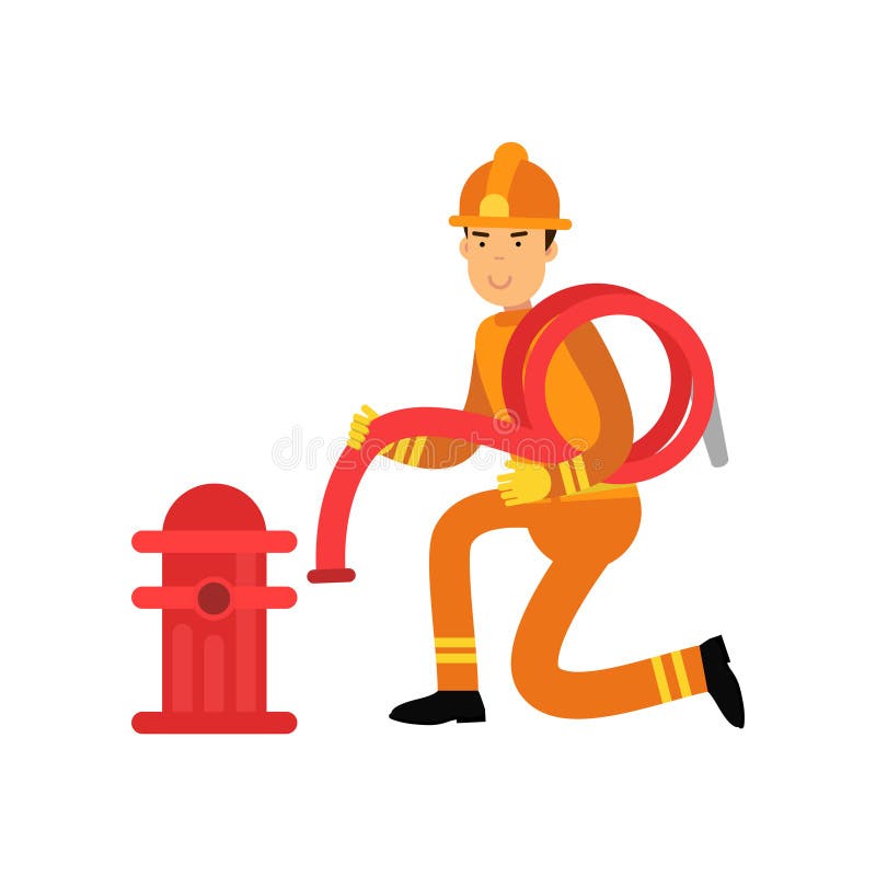 Brandmantecken i den enhetliga och skyddande hjälmen, förbindande vattenslang till brandposten royaltyfri illustrationer Brandmantecken i den enhetliga och skyddande hjälmen, förbindande vattenslang till brandposten royaltyfri illustrationer