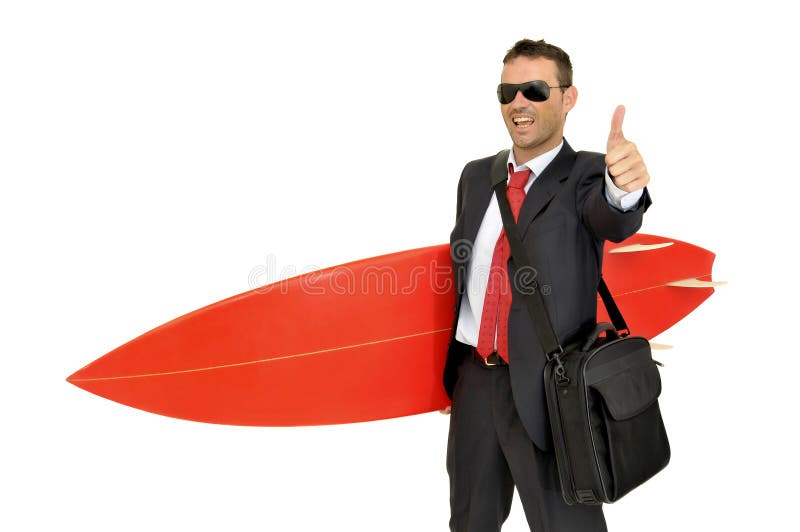 Young businessman with surf board. Young businessman with surf board