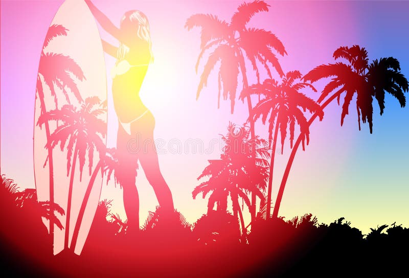 Brandungsbrett und junge hübsche Frauenbikini- und -palmen Nett, als Teil Ihrer Auslegung zu verwenden vektor abbildung Brandungsbrett und junge hübsche Frauenbikini- und -palmen Nett, als Teil Ihrer Auslegung zu verwenden vektor abbildung