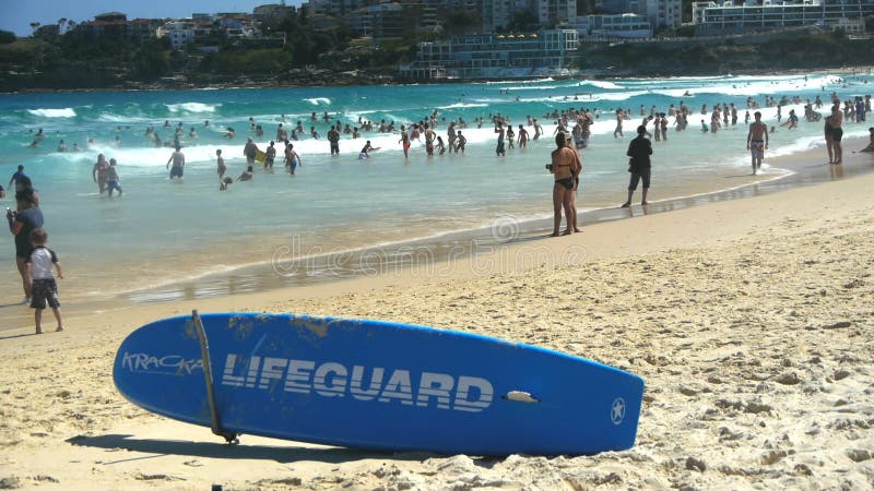 Brandungsrettungsbrett auf dem Strand an der Bindung