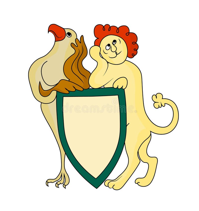 Not serious lion and eagle hold the coat of arms. Vector color image. Not serious lion and eagle hold the coat of arms. Vector color image.