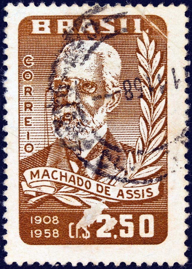BRASILIEN - CIRCA 1958: En stämpel som tryckts i Brasilien och som utfärdats för hans 50-årsjubileum visar författaren Machado de fotografering för bildbyråer