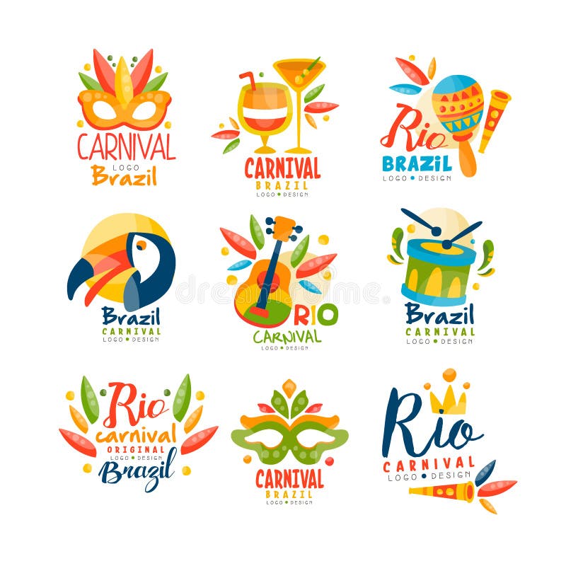 Brasilien uppsättning för Rio Carnival logodesign, ljust festligt partibaner med maskeradmaskeringar, maracas, tukan, musikal