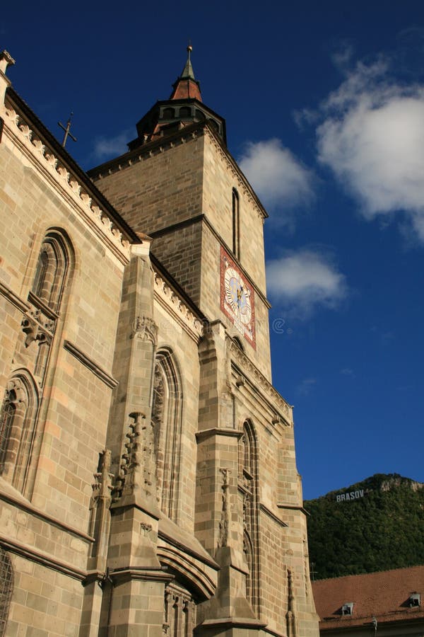 Brasov old black church and brasov sign