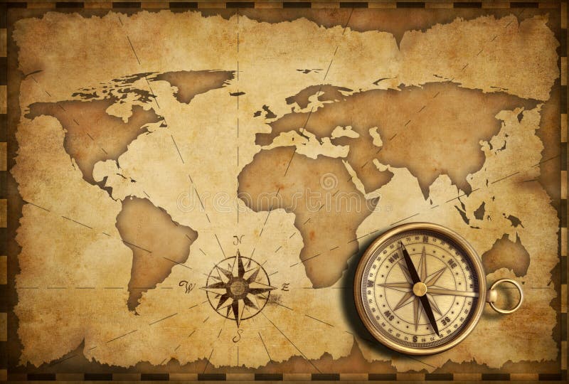 Brass antique nautical compass with old map royalty free illustration Brass antique nautical compass with old map royalty free illustration