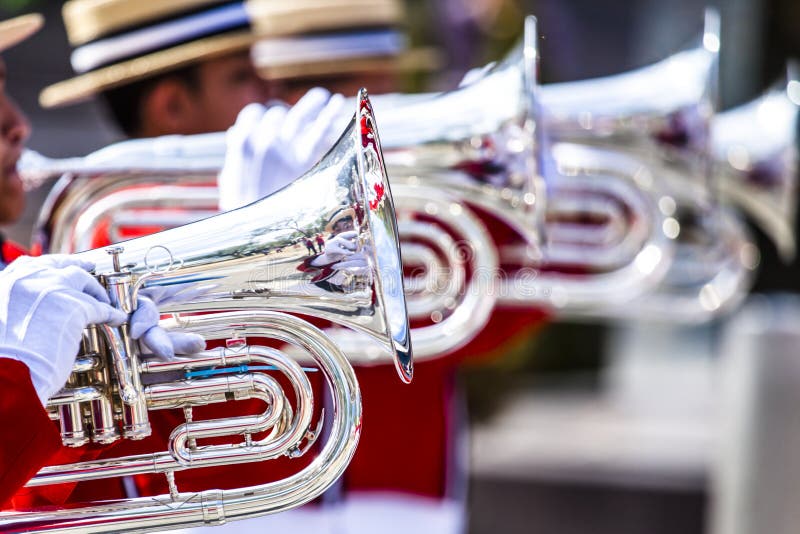 Brass Band in Red Uniform Performing Stock Image Image of golden