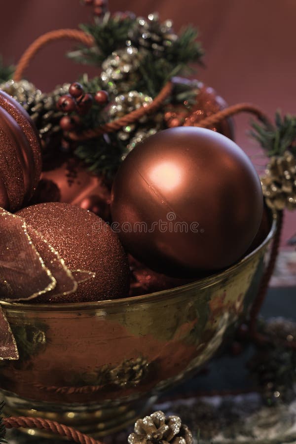 Brass Bowl Full of Christmas Ornaments Stock Photo Image of ornaments