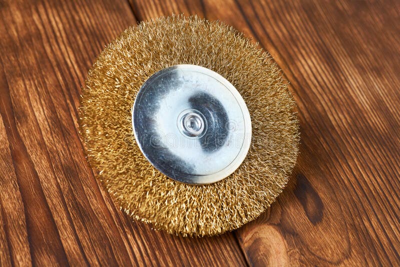 Brass Brush for Drill Machine on Wood Background Stock Image Image of