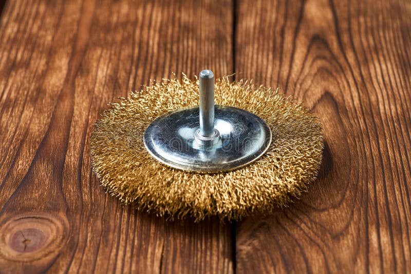 Brass Brush for Drill Machine on Wood Background Stock Photo Image of
