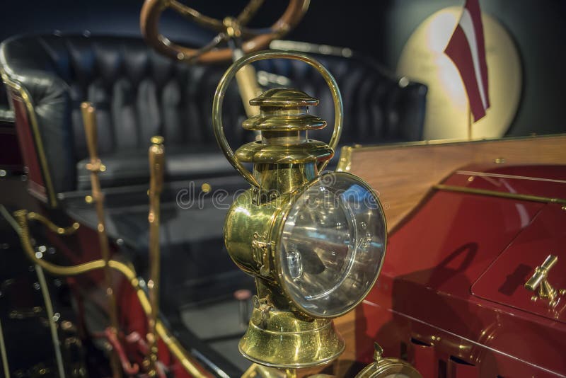 Brass headlight lamp retro car, close up stock photo