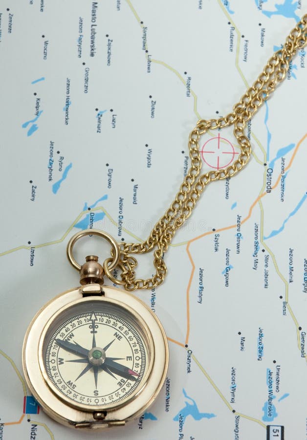 Brass Old Compass With Chain On The Map Stock Photo Image 10542652