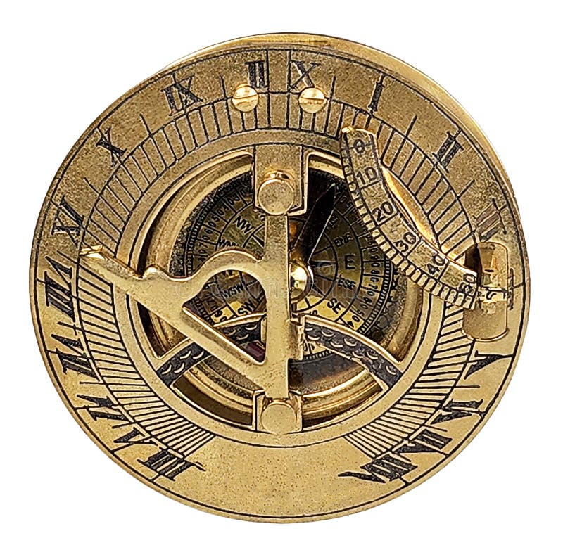 Brass sundial and compass front view stock photo