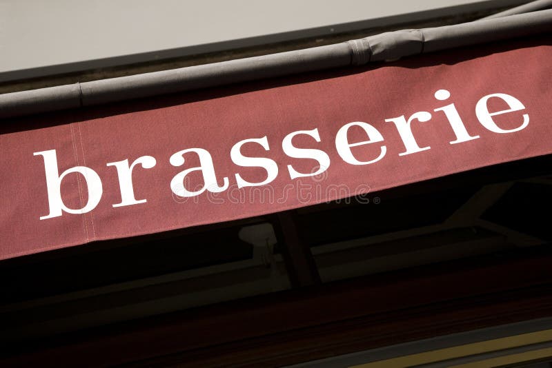 Brasserie Sign on red background, Paris, France, Europe. Brasserie Sign on red background, Paris, France, Europe