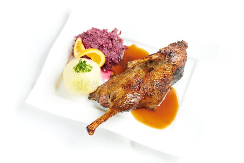 Bratenente mit Kartoffelmehlkloß lizenzfreie stockbilder