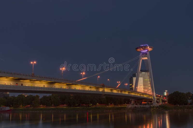 Bratislava capital in summer evening with color sunset and river Donau