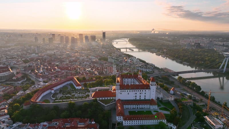 Bratislava Castle or Bratislavsky Hrad aerial panoramic view sunset.