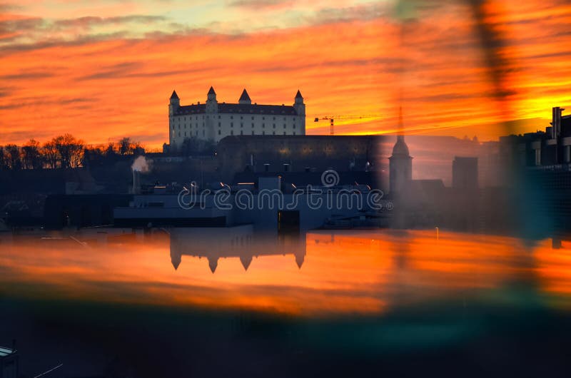 Bratislava castle in the night. Castle and Danube river