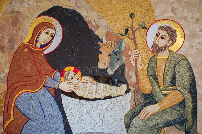 Bratislava - el mosaico de la natividad en el baptisterio de la catedral de San Sebastián diseñada por la jesuita MarÂko Ivan Rup
