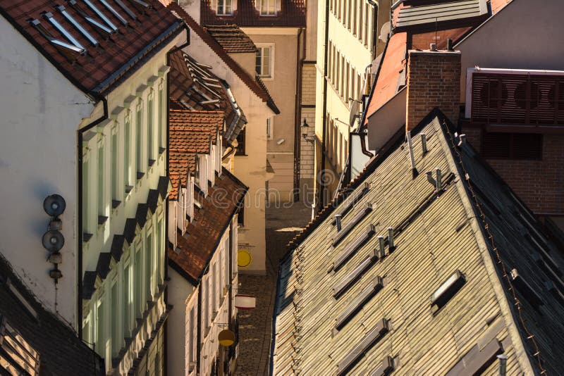 Bratislava. Elevated view of red rooftops and facades in old cit