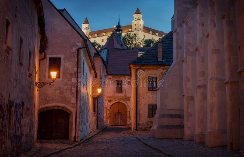 Bratislava historical center, downtown, with castle behind
