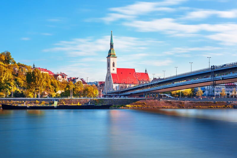 Bratislava old town and Saint Martin cathedral over Danube river, Slovakia