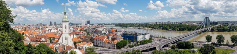 Panoráma Bratislavy a výhľad na Dunaj za slnečného dňa. Slovensko