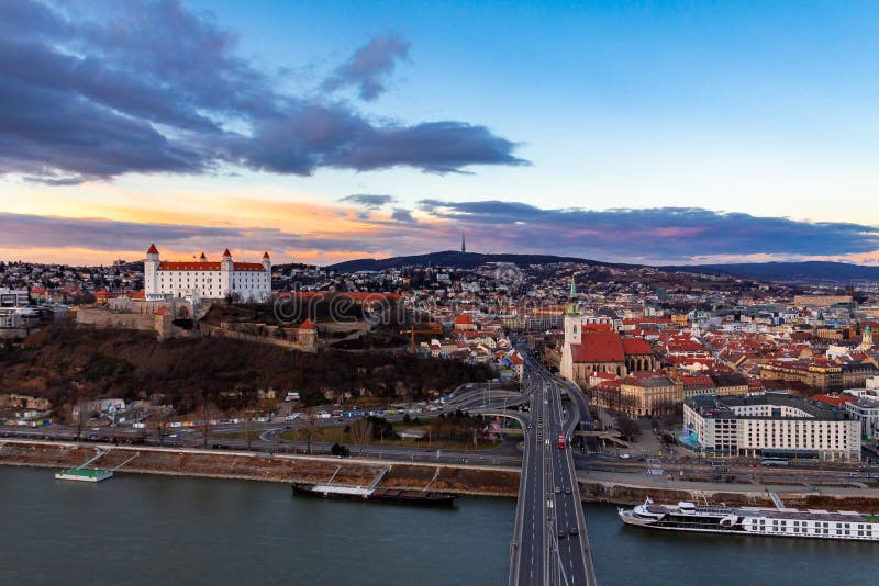 Bratislava, Slovakia: aerial panorama of the old city center at sunset