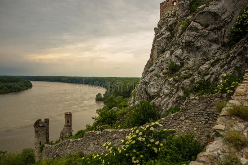 BRATISLAVA, SLOVAKIA: Beautiful landscape with Devin castle, mountais and Danube river