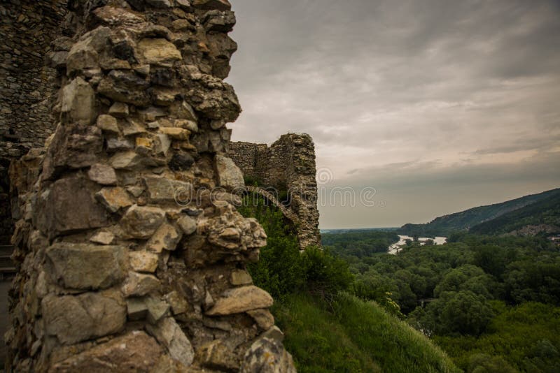 BRATISLAVA, SLOVAKIA: Beautiful landscape with an old fortress.The ruins of Devin Castle near Bratislava in Slovakia