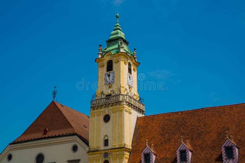 BRATISLAVA, SLOVAKIA: Mestske Muzeum. Bell tower of Old Town Hall. Bratislava City Museum on Main square in Bratislava