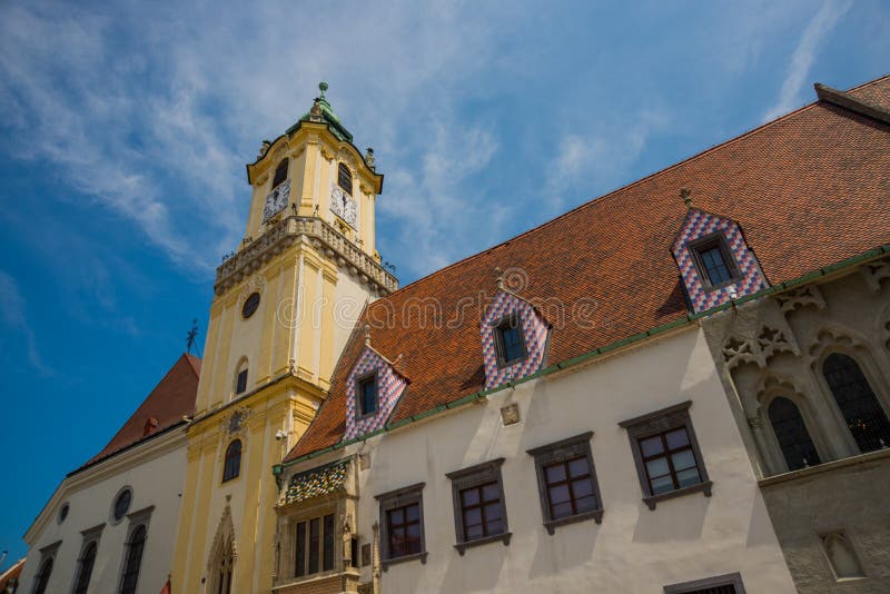 BRATISLAVA, SLOVAKIA: Mestske Muzeum. Bell tower of Old Town Hall. Bratislava City Museum on Main square in Bratislava